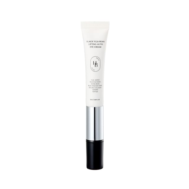 Heveblue Black Yuja Bean Lifting Auto Eye Cream — 15 ml eye cream with its applicator cap closed on a white background