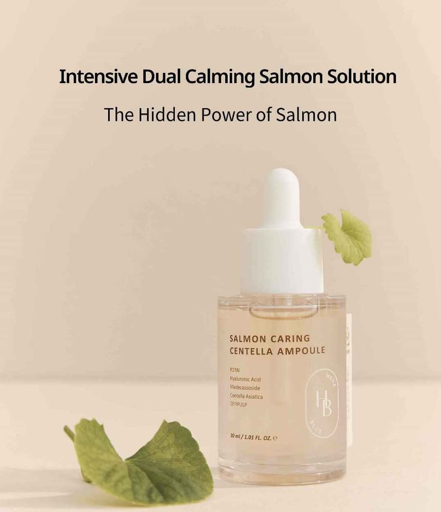 Heveblue Salmon Caring Centella Ampoule 30 ml — ampoule bottle with centella leaves.
