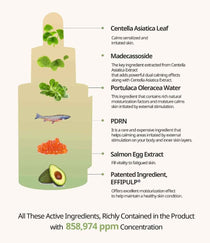 Heveblue Salmon Caring Centella Ampoule 30 ml — centella and salmon ingredient diagram.