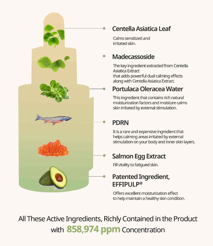 Heveblue Salmon Caring Centella Ampoule 30 ml — centella and salmon ingredient diagram.