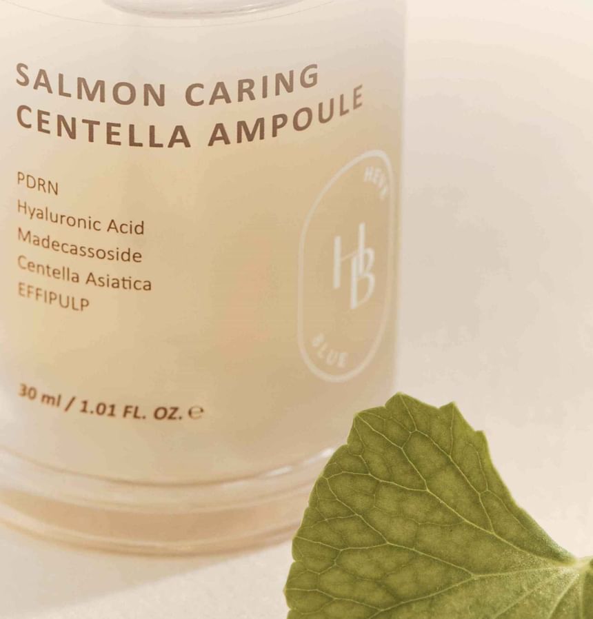 Heveblue Salmon Caring Centella Ampoule 30 ml — close-up of the 30 ml bottle label.