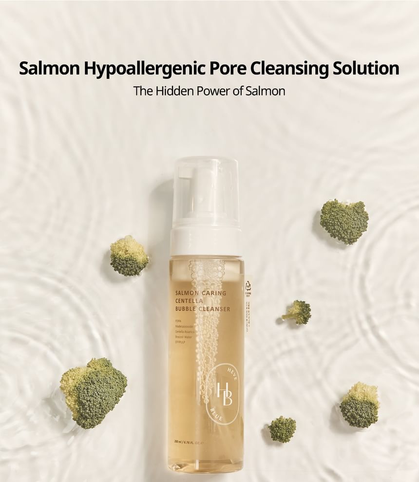 Heveblue Salmon Caring Centella Bubble Cleanser 200 ml — cleanser bottle with broccoli on rippled water.