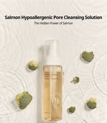Heveblue Salmon Caring Centella Bubble Cleanser 200 ml — cleanser bottle with broccoli on rippled water.