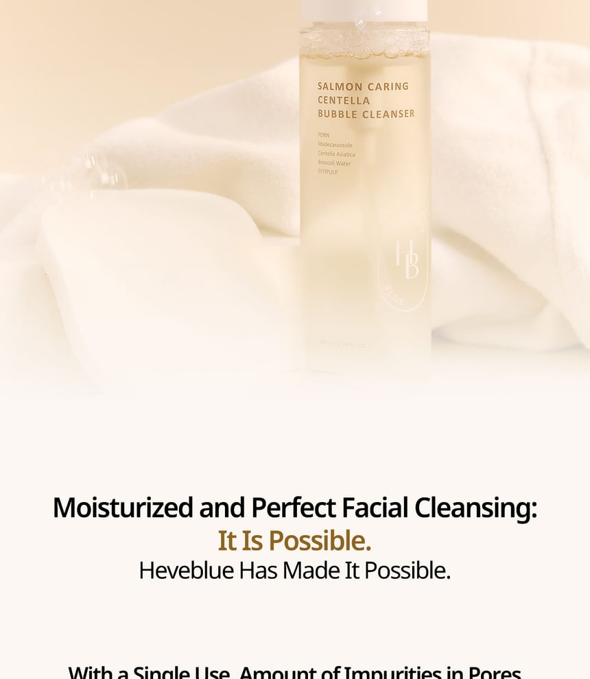 Heveblue Salmon Caring Centella Bubble Cleanser 200 ml — foaming cleanser texture and bottle.