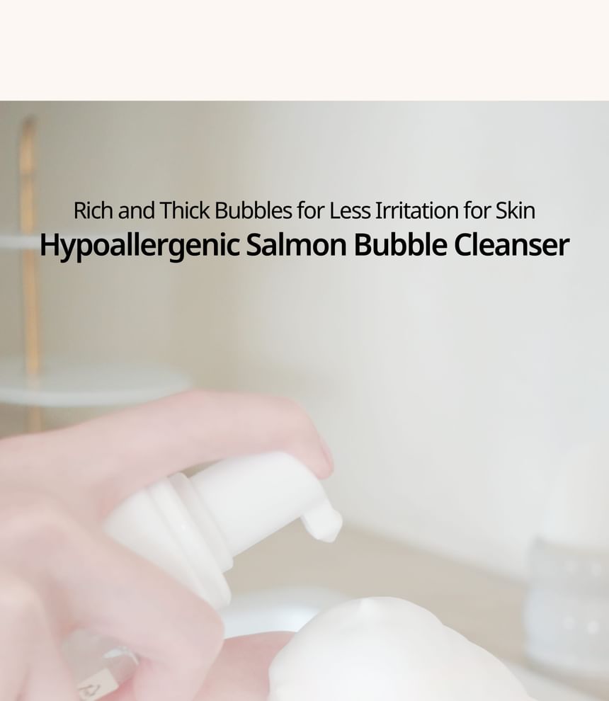 Heveblue Salmon Caring Centella Bubble Cleanser 200 ml — foam dispensed onto the hand.
