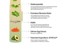 Heveblue Salmon Caring Centella Bubble Cleanser 200 ml — salmon and botanical ingredient diagram.