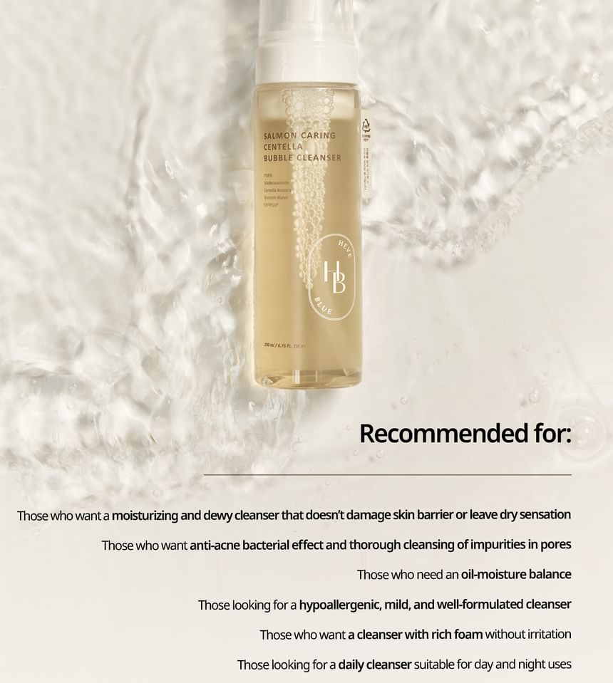 Heveblue Salmon Caring Centella Bubble Cleanser 200 ml — cleanser bottle and use profile.