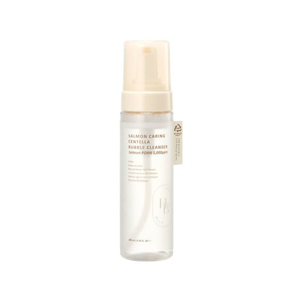 Heveblue Salmon Caring Centella Bubble Cleanser — 200 ml foaming cleanser pump bottle on a white background
