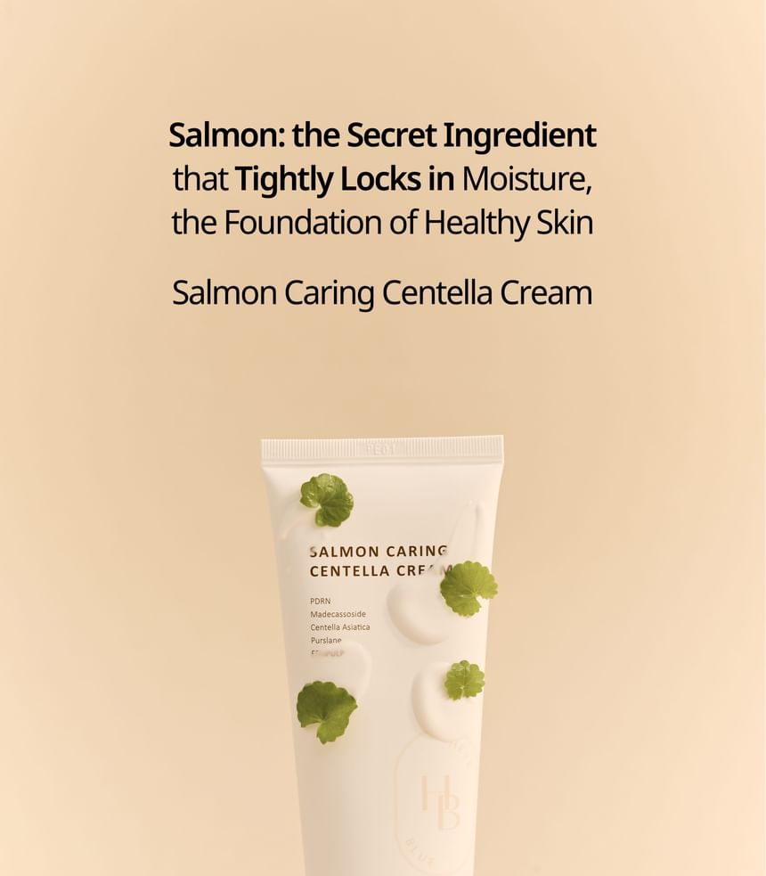 Heveblue Salmon Caring Centella Cream 100 ml — cream tube and centella composition.
