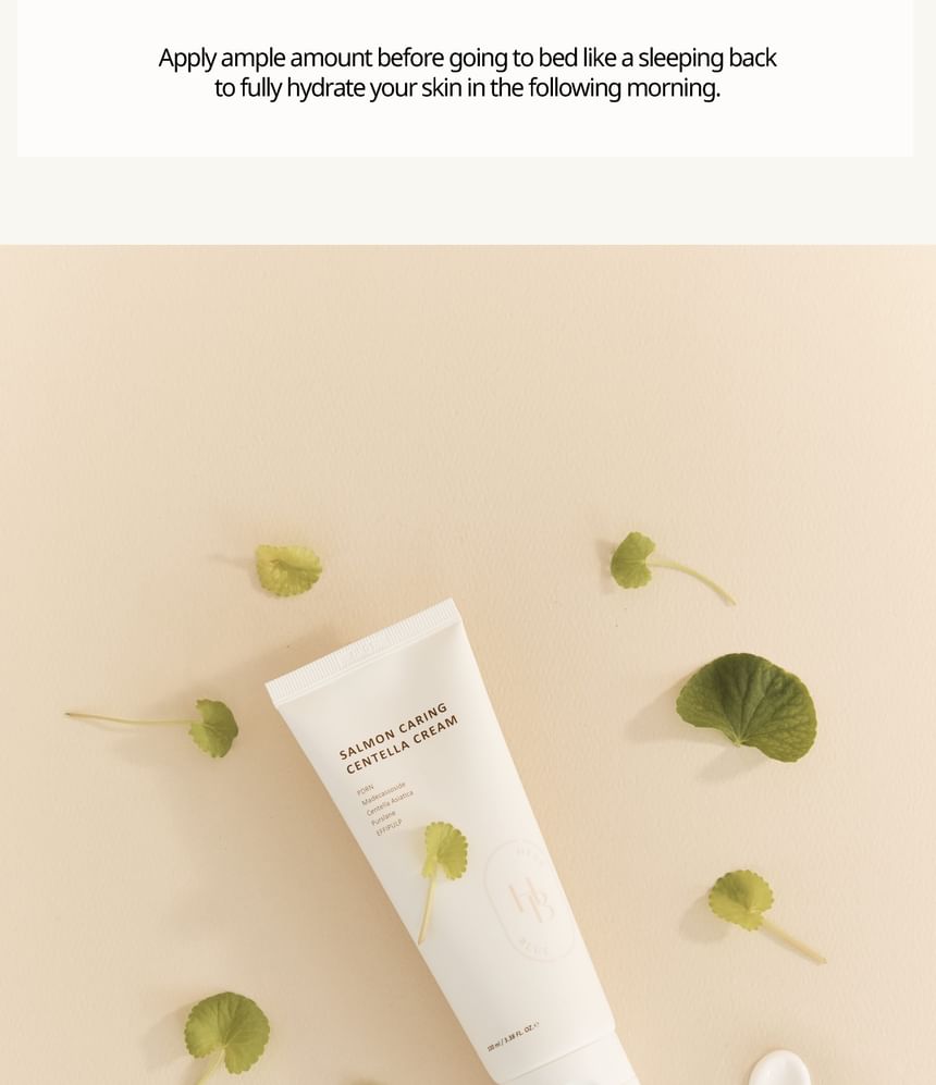 Heveblue Salmon Caring Centella Cream 100 ml — nighttime use and cream-tube flat lay.