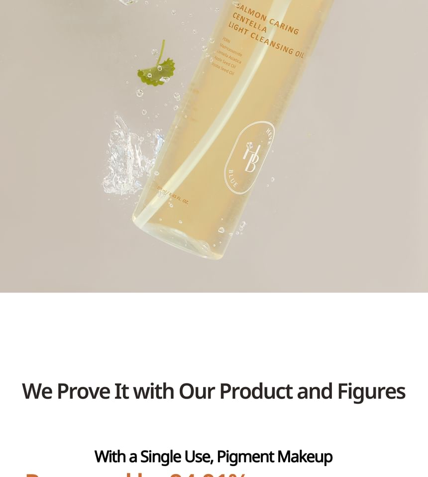 Heveblue Salmon Caring Centella Light Cleansing Oil - 250ml — bottle with water-splash composition.