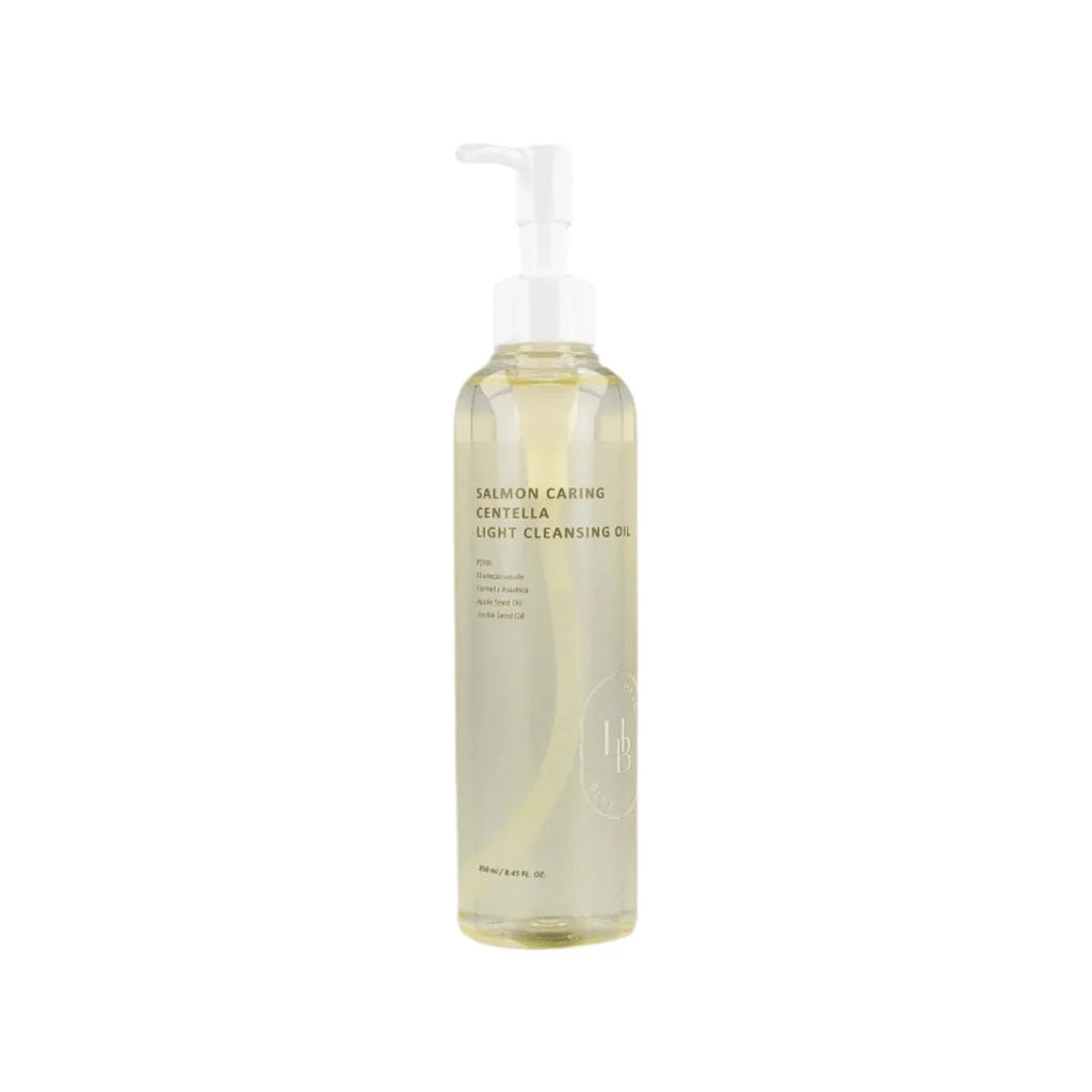 Heveblue Salmon Caring Centella Light Cleansing Oil — 250 ml pump bottle on a white background.