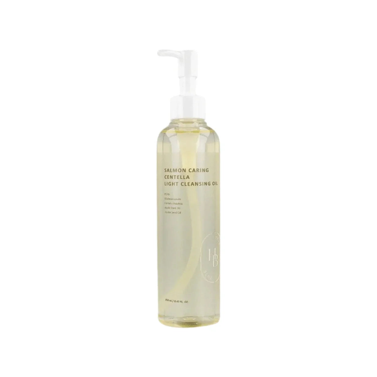 Heveblue Salmon Caring Centella Light Cleansing Oil — 250 ml pump bottle on a white background.