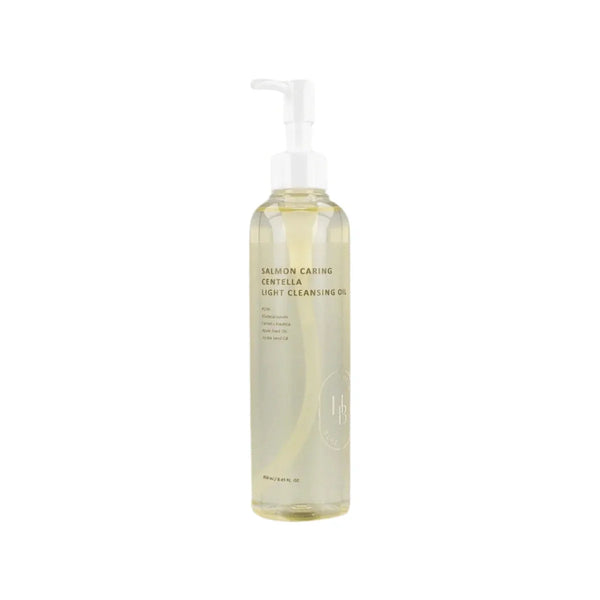 Heveblue Salmon Caring Centella Light Cleansing Oil — 250 ml pump bottle on a white background.
