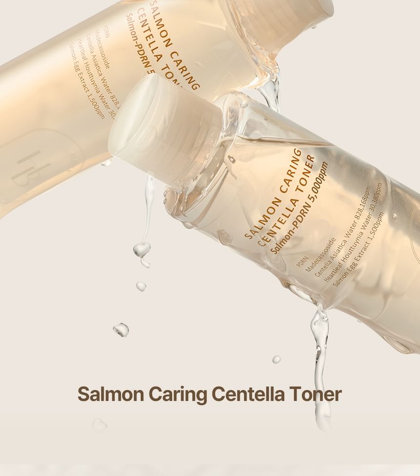 Heveblue Salmon Caring Centella Toner 200 ml — toner pouring from the bottle.