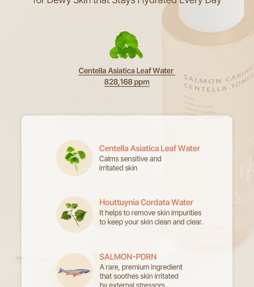 Heveblue Salmon Caring Centella Toner 200 ml — centella and salmon ingredient guide.