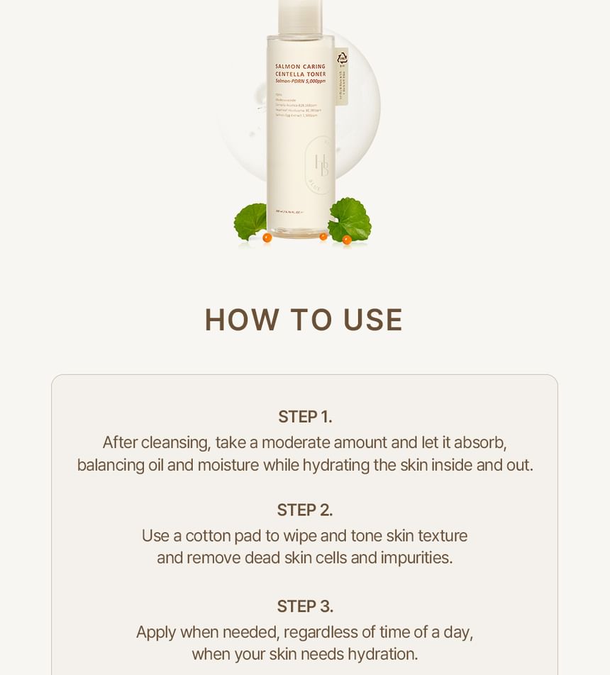 Heveblue Salmon Caring Centella Toner 200 ml — toner application instructions.