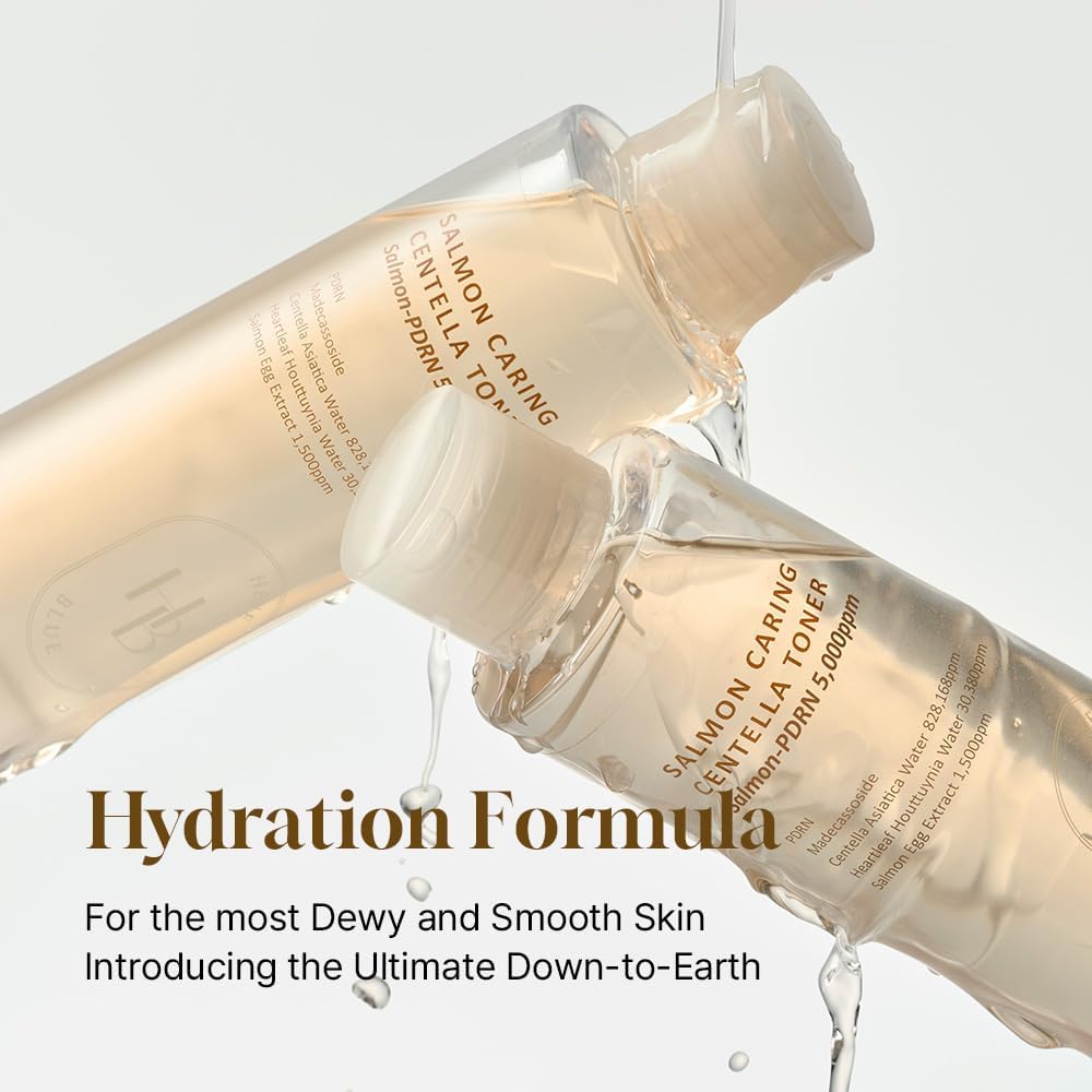 Heveblue Salmon Caring Centella Toner — Toner pouring from the bottle