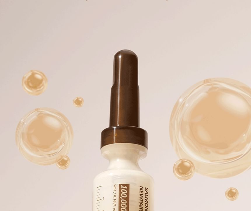 Heveblue Salmon Caring Newpair PDRN Booster 100,000 Shot Essence 5 ml — booster bottle and essence-texture composition.