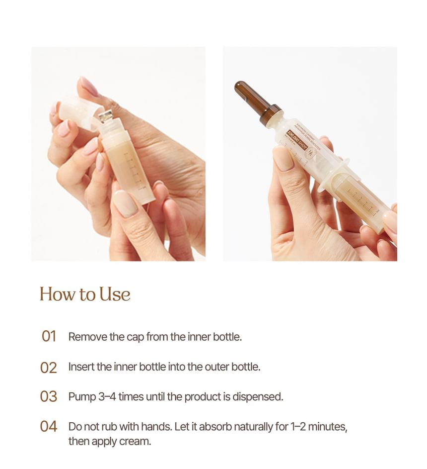 Heveblue Salmon Caring Newpair PDRN Booster 100,000 Shot Essence 5 ml — booster assembly and use instructions.