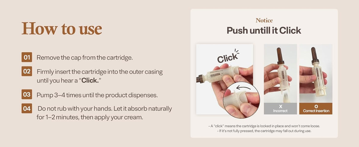 Heveblue Salmon Caring Newpair PDRN Booster 100,000 Shot Essence — assembly and use guide for the 5 ml essence dispenser