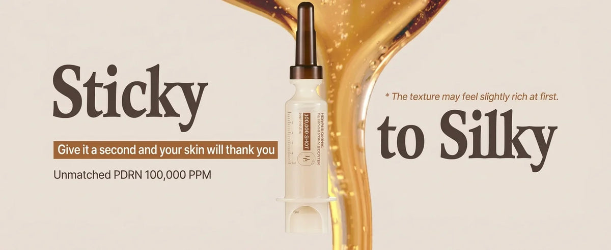 Heveblue Salmon Caring Newpair PDRN Booster 100,000 Shot Essence — essence texture and 5 ml dispenser presentation