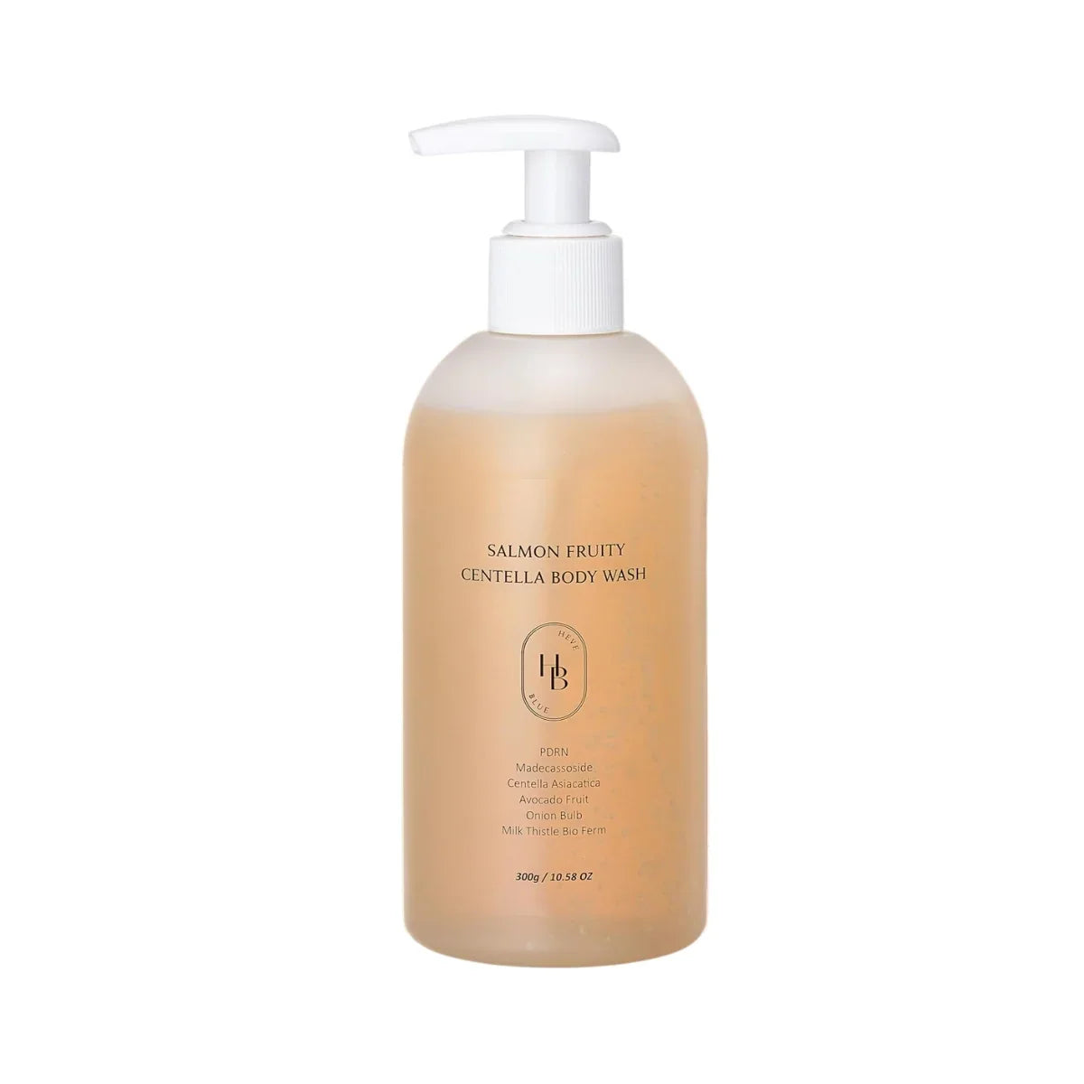 Heveblue Salmon Fruity Centella Body Wash — 300 g body wash pump bottle on a white background