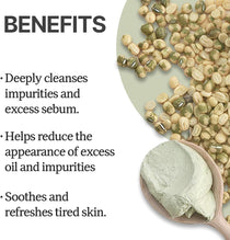 House of Dohwa Mung Bean Wash Off Mask benefits graphic with mung beans and mask texture