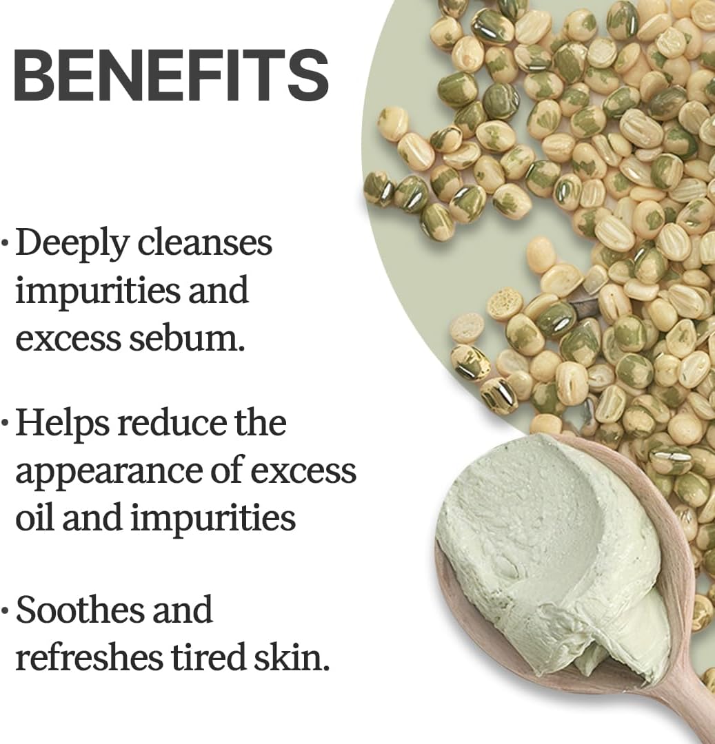 House of Dohwa Mung Bean Wash Off Mask benefits graphic with mung beans and mask texture