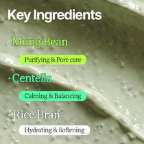 House of Dohwa Mung Bean Wash Off Mask — close-up of green clay texture with mung bean, centella and rice ingredient labels.