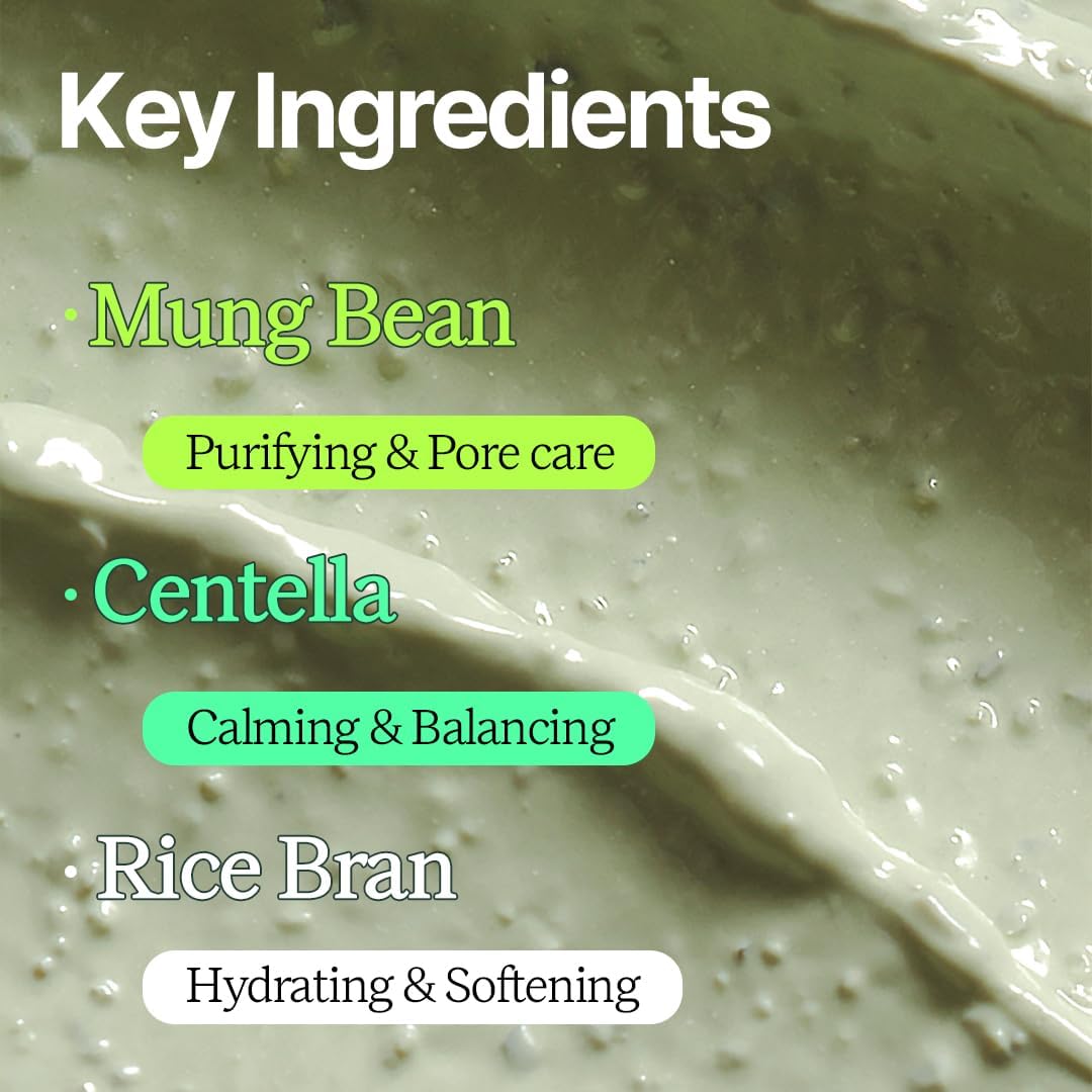 House of Dohwa Mung Bean Wash Off Mask — close-up of green clay texture with mung bean, centella and rice ingredient labels.