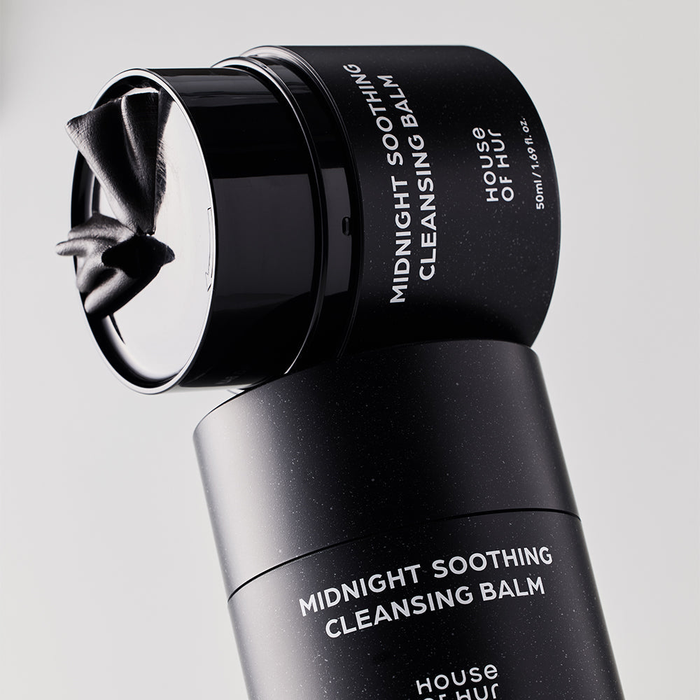 Open and closed House of HUR Midnight Soothing Cleansing Balm jars showing the grinder and balm