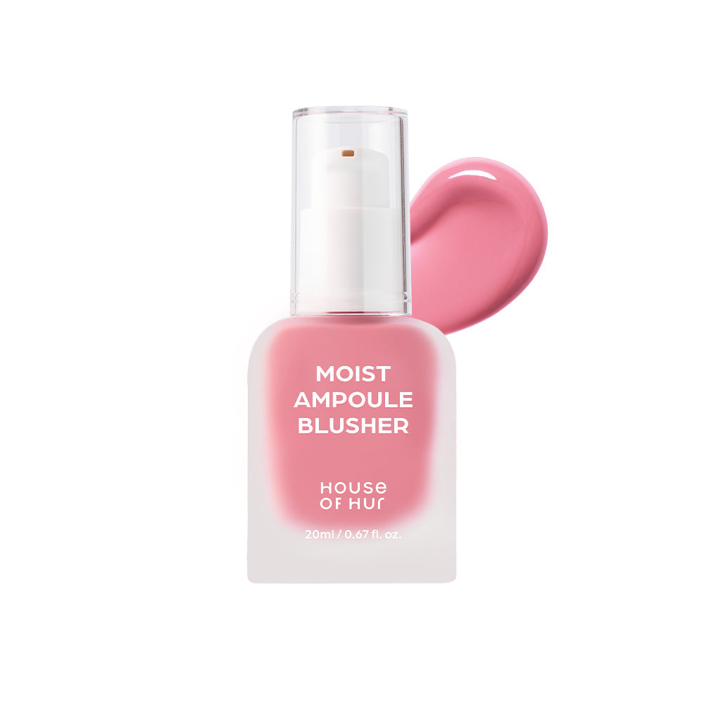عبوة أحمر خدود مويست أمبول من هاوس أوف هور بدرجة #06 زهر الكرز وحجم 20 مل مع مسحة وردية على خلفية بيضاء