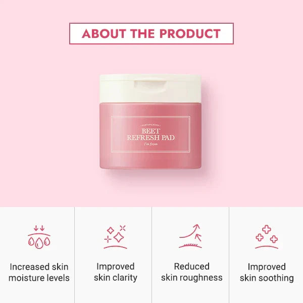 I'm From Beet Refresh Pads — beet-pad jar against a pink background with its native product panel