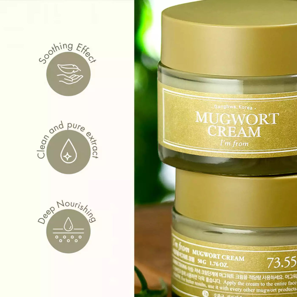 I'm From Mugwort Cream — matching original mugwort-cream jars on a green background