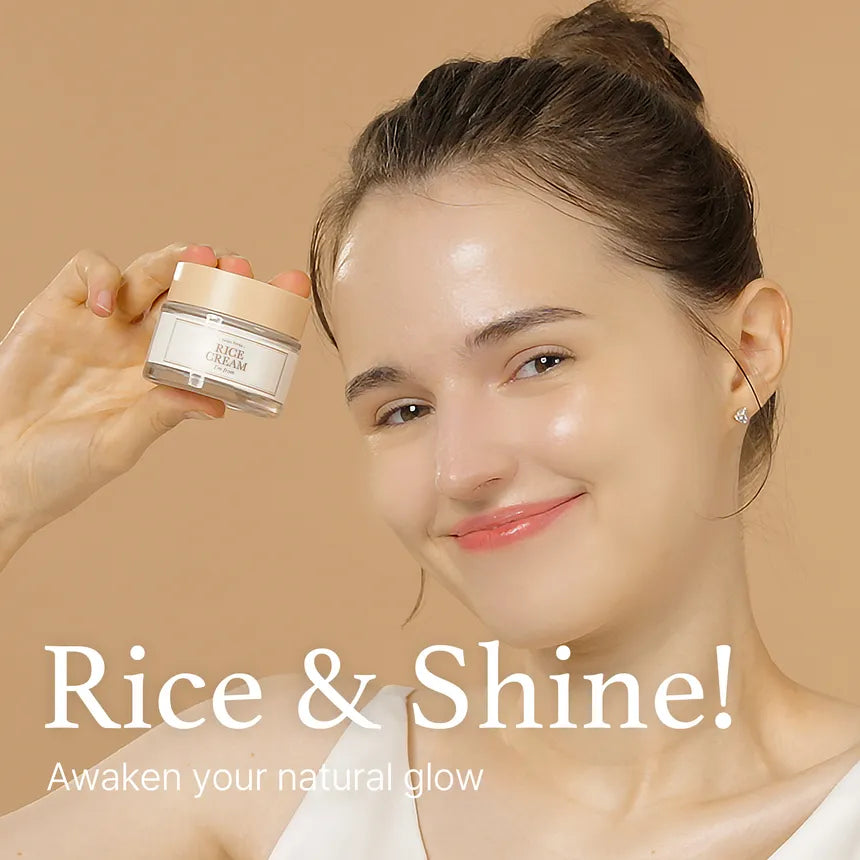 I'm From Rice Cream — model holding the original rice-cream jar beside her face