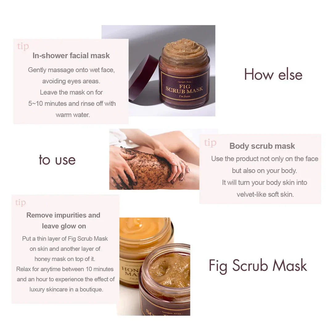I'm From Fig Scrub Mask — original jar, scrub texture and manufacturer's additional-use guide